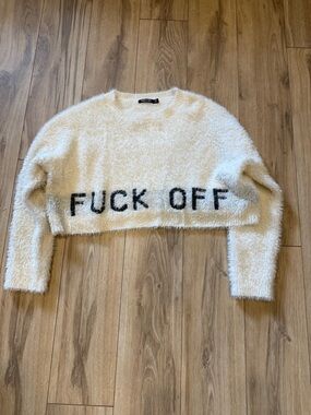 Nasty Gal Cream Fuzzy Cropped Sweater with Black Lettering